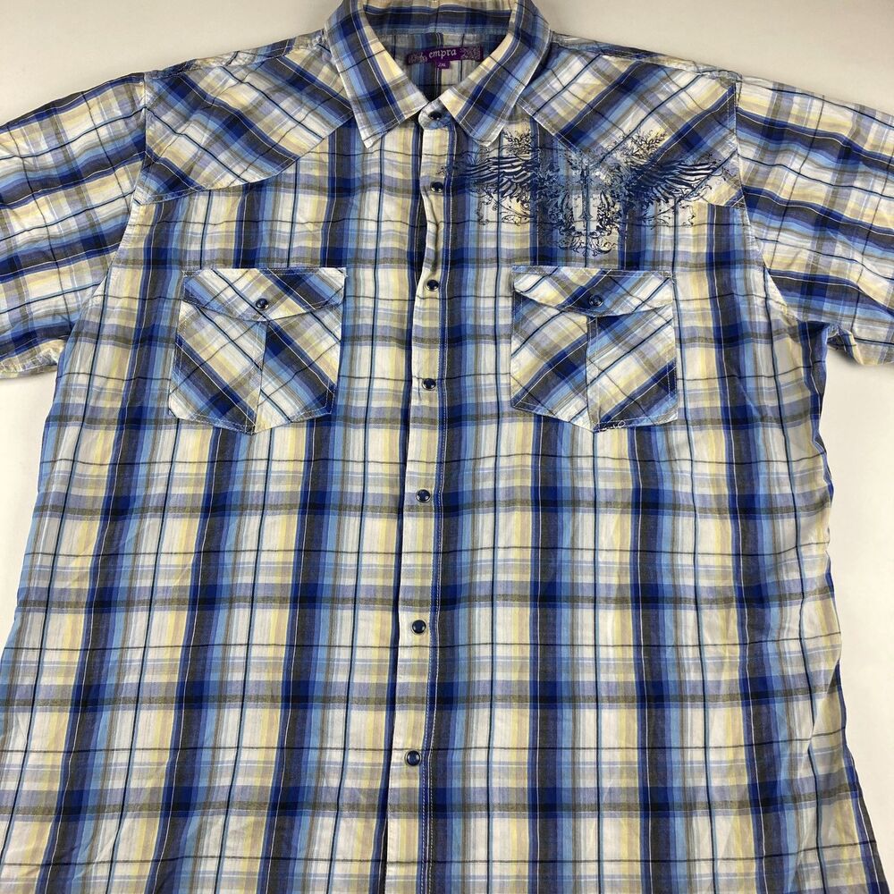 Empra Shirt Mens 2XL Western Plaid Snap Button Graphic Short Sleeve Cotton